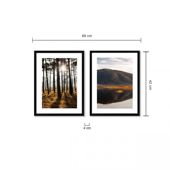 Zestaw obrazów las i góry w czarnej ramie 68x42 cm