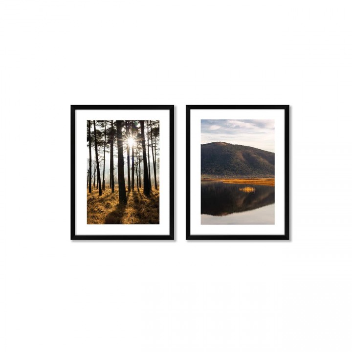 Zestaw obrazów las i góry w czarnej ramie 68x42 cm