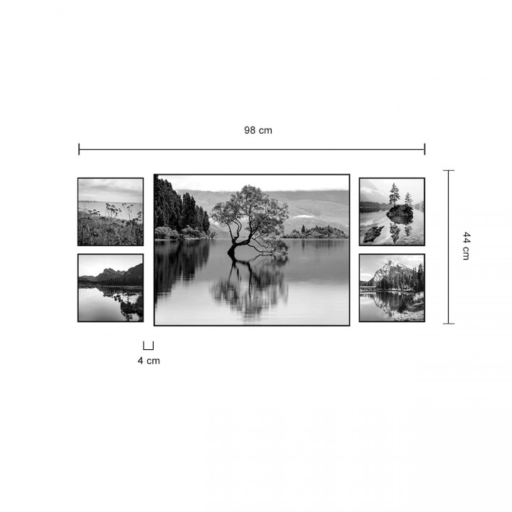 Zestaw obrazów czarno-białych w czarnej ramie jezioro i góry 98x44 cm