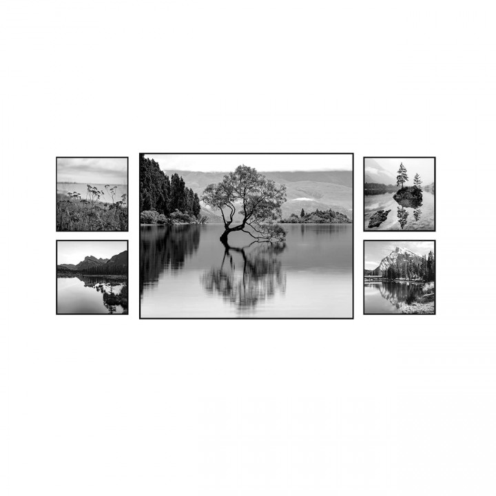 Zestaw obrazów czarno-białych w czarnej ramie jezioro i góry 98x44 cm