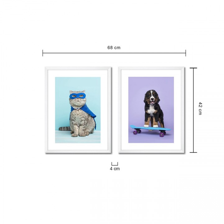 Zestaw obrazów do pokoju dziecka w białej ramie 68x42 cm kot i pies