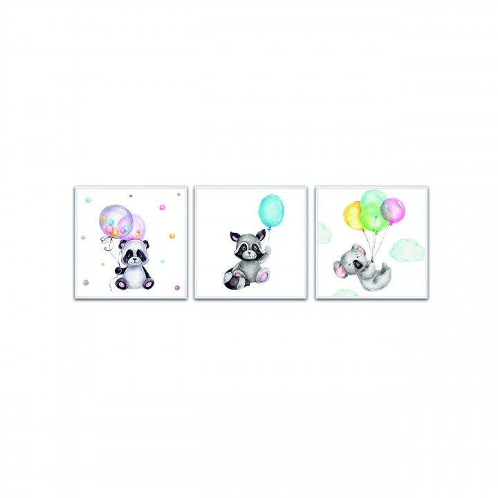 Zestaw 3 obrazów do pokoju dziecka 68x20 cm zwierzęta z balonami