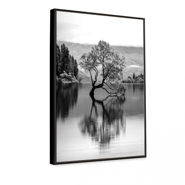 Duży czarno-biały obraz 69x99 cm drzewo na wodzie pejzaż