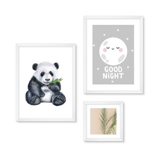 Zestaw 3 obrazów do pokoju dziecięcego w białej ramie Panda 70x70 cm